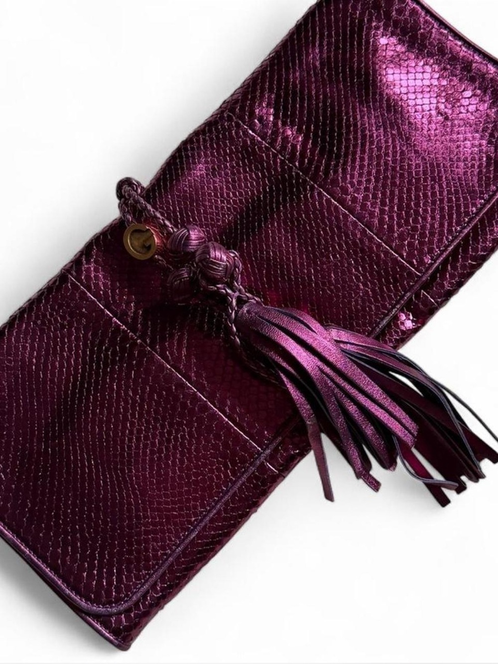 Gucci Authentic Vintage Unused Metallic Python Malika Tassel Clutch in Purple